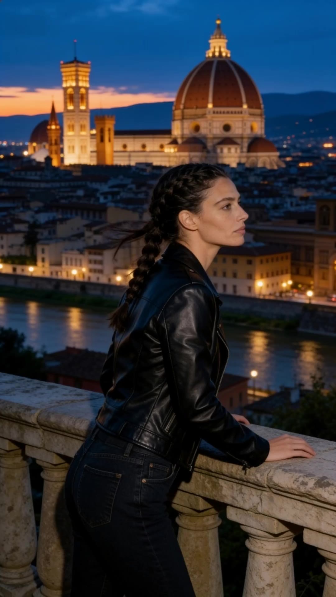 A man in a quilted black jacket looking out over Florence at dusk