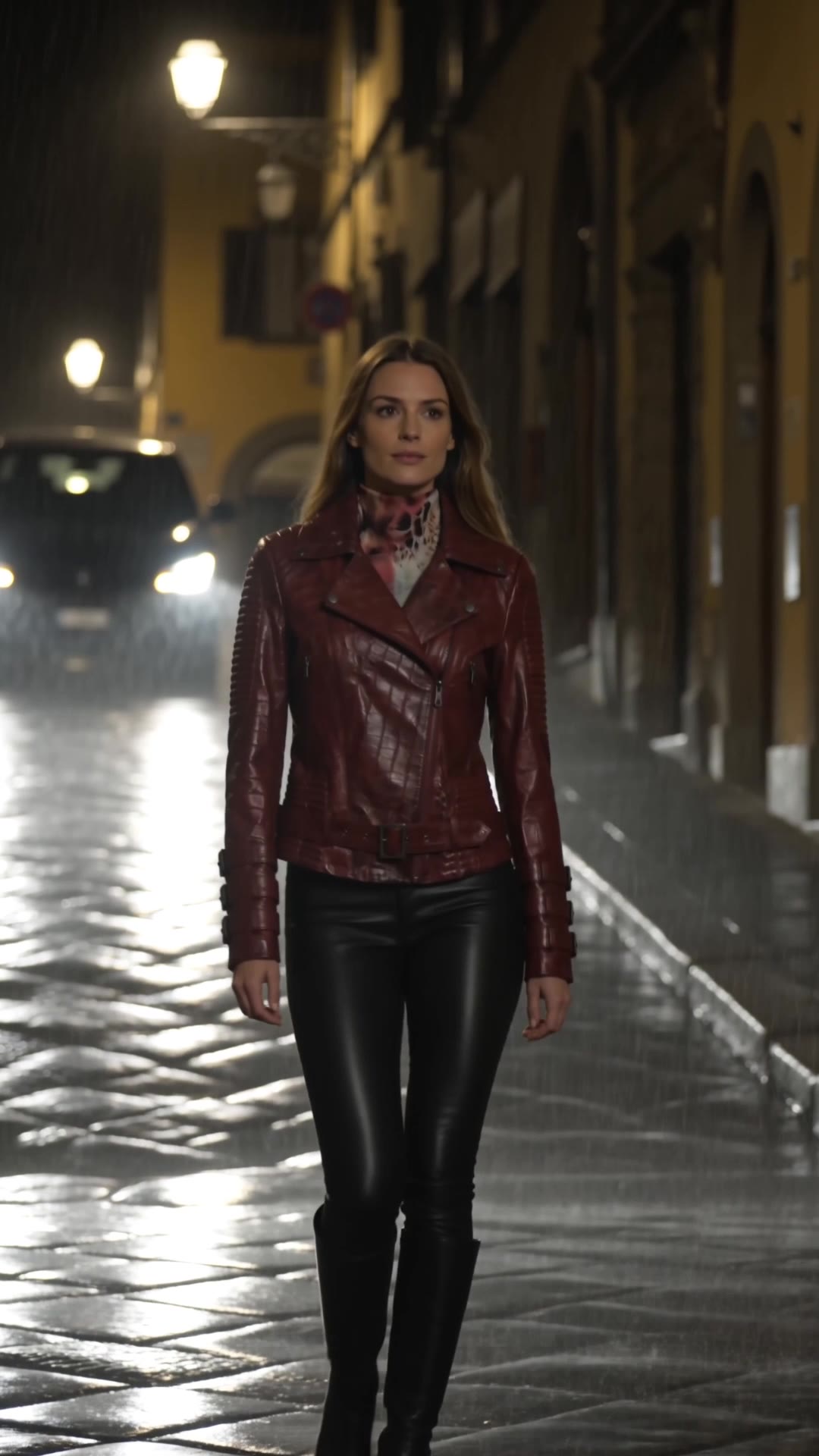 A woman in a red leather jacket walking down a wet street at night