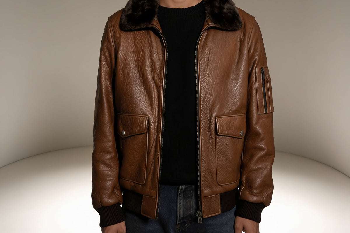 Pebble-grain calf leather on the Aviatore Shearling Bomber — the surface that care keeps supple