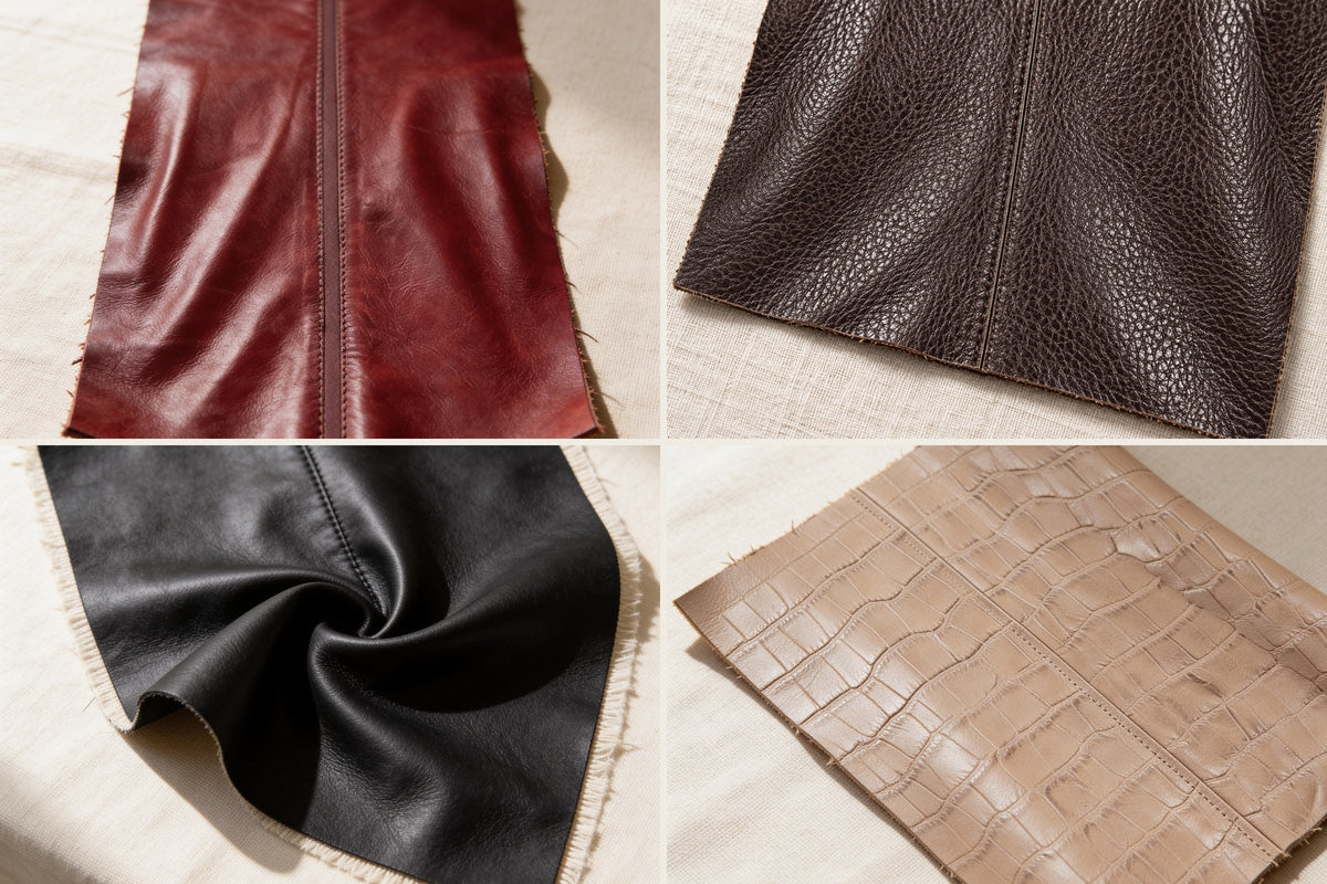 Four leathers from the collection side by side: cherry-red aniline lambskin, chocolate pebble-grain lambskin, black plongé lambskin and sand croc-embossed calfskin.