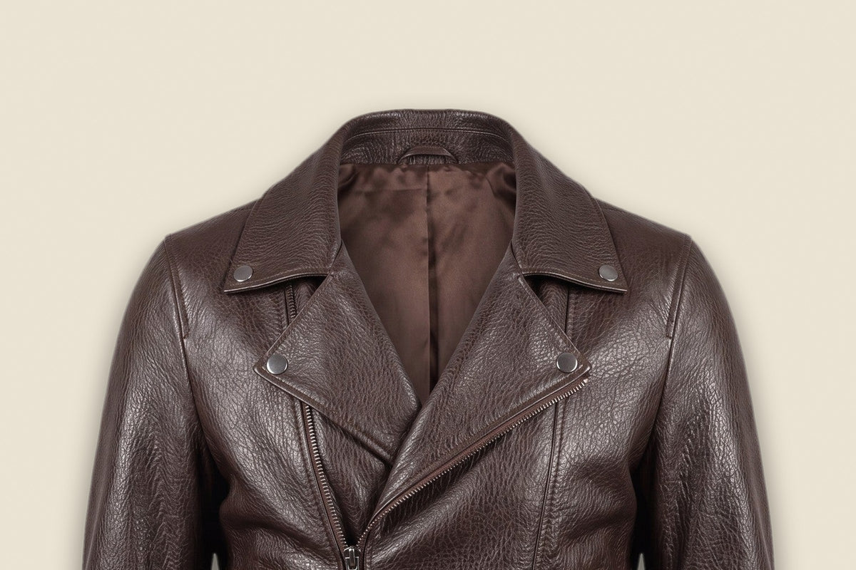 Shoulder line and lapel of the Castagna Moto — where a leather jacket should sit