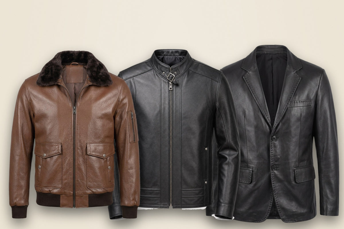 Three cuts side by side — shearling bomber, biker and blazer