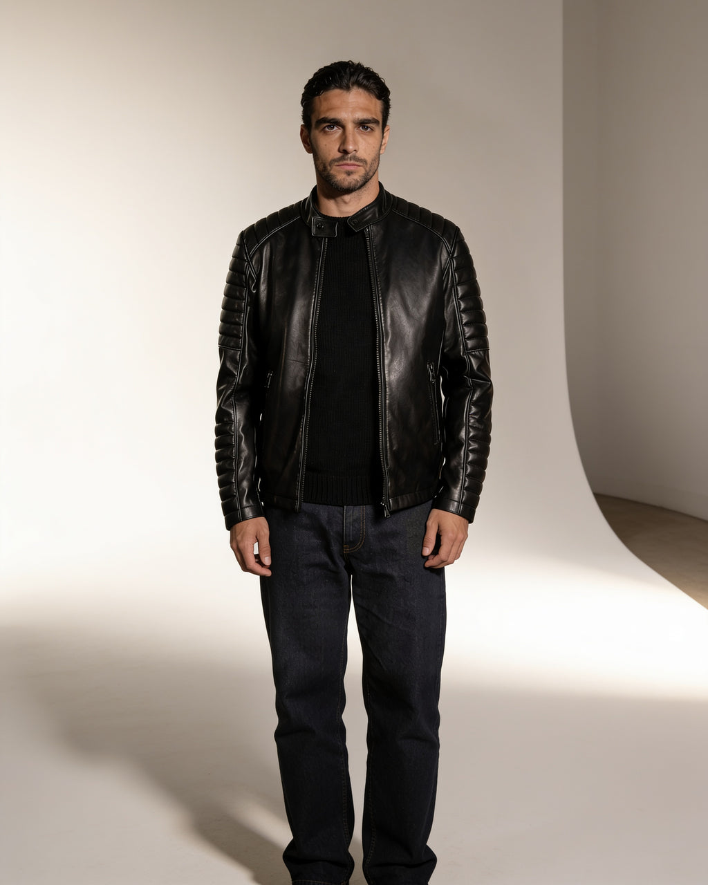 Aquila Relief Biker — worn by a model, front view, studio