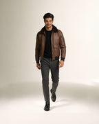 Aviatore Shearling Bomber — worn by a model, front view, studio