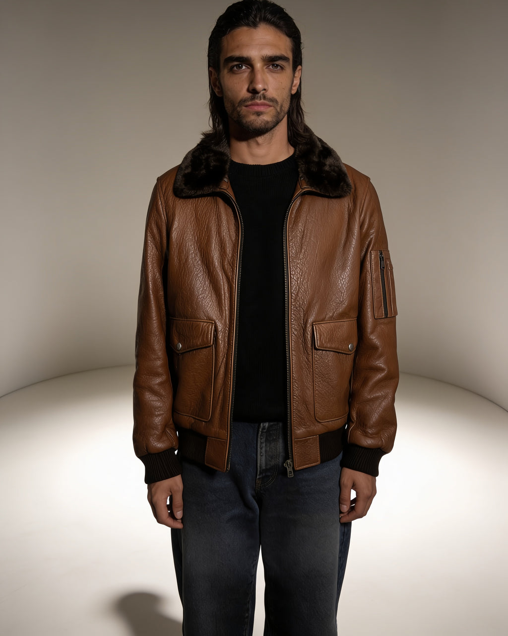 Aviatore Shearling Bomber — worn by a model, front view, studio