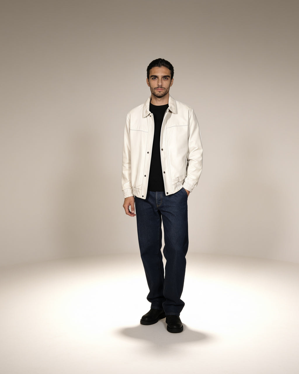 Avorio Bomber — worn by a model, front view, studio