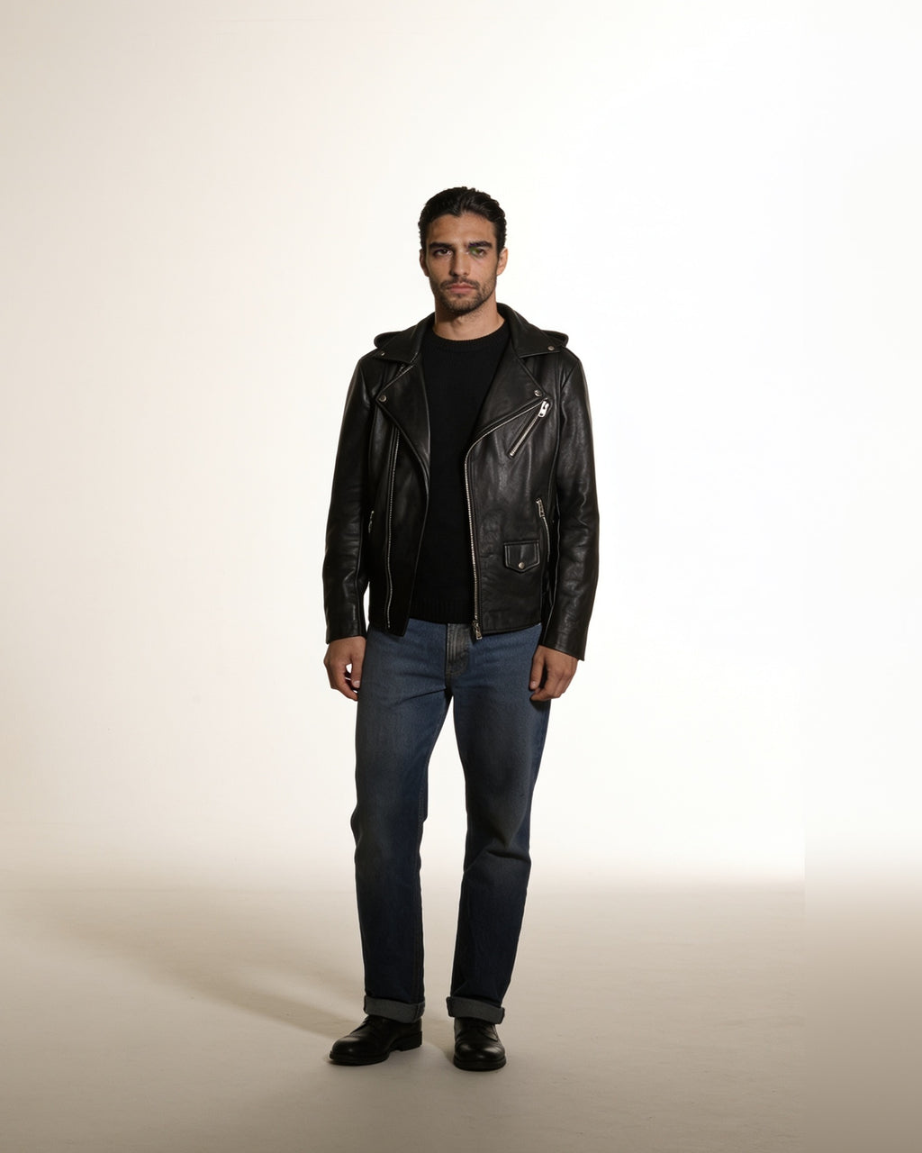 Corvo Hooded Biker — worn by a model, front view, studio