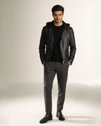 Corvo Hooded Biker — worn by a model, front view, studio