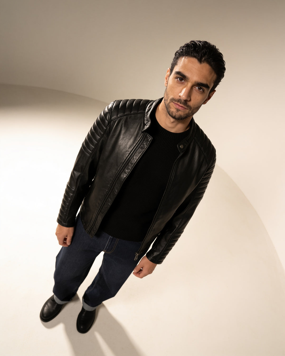 Favo Biker — worn by a model, front view, studio