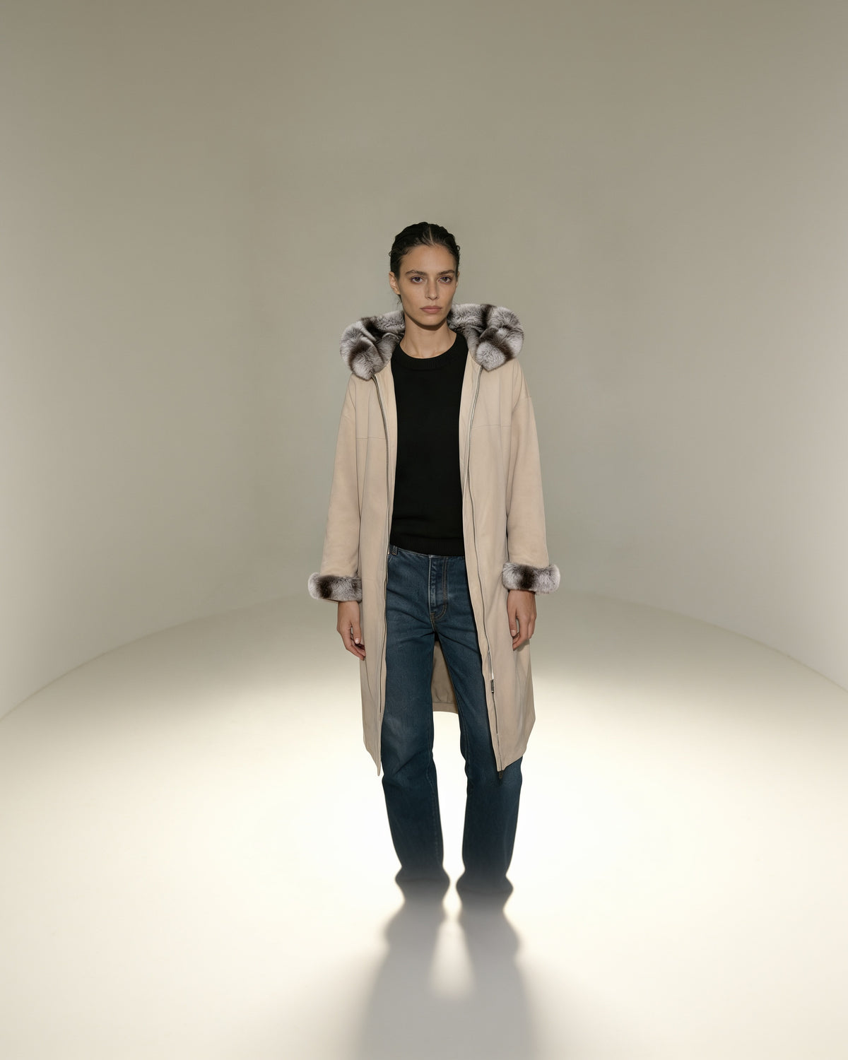 Neve Reversible Coat — worn by a model, front view, studio
