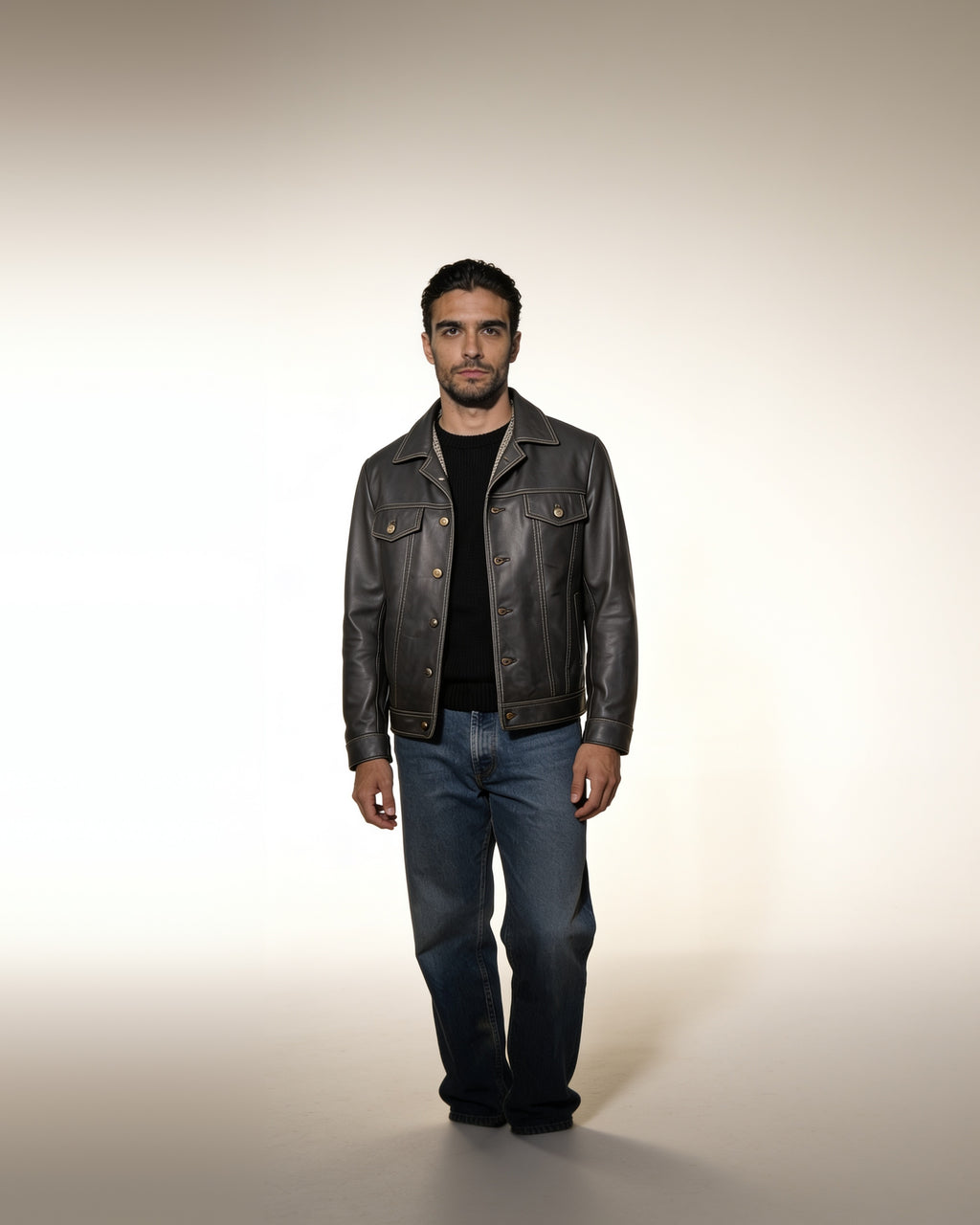 Officina Trucker — worn by a model, front view, studio
