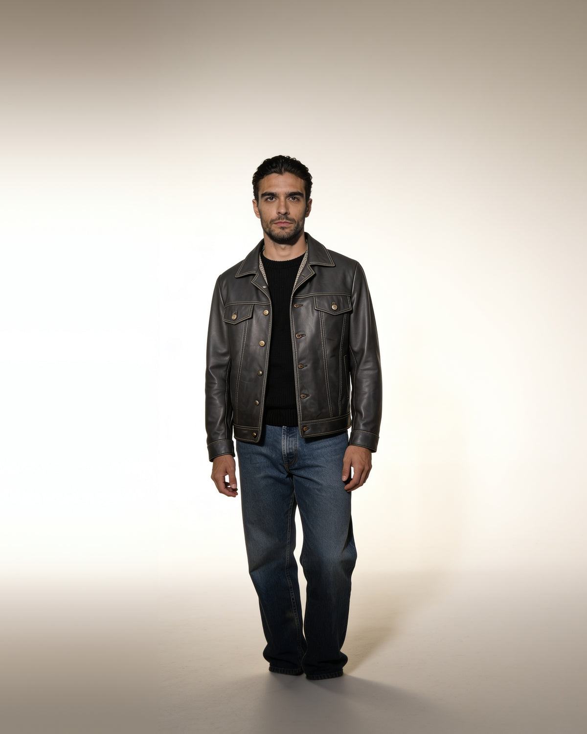 Officina Trucker — worn by a model, front view, studio
