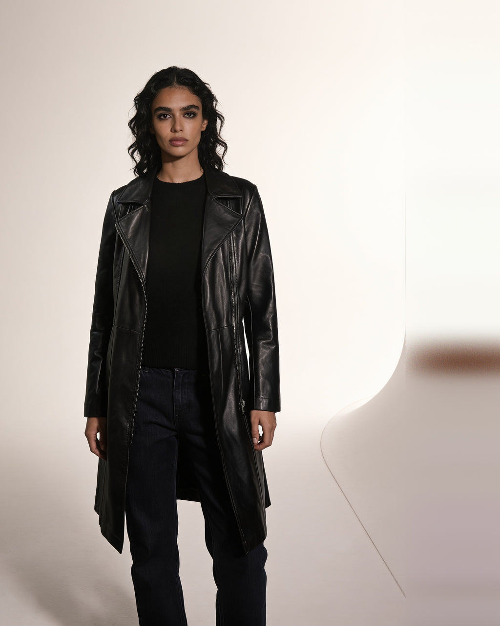 Ombra Long Coat — worn by a model, front view, studio