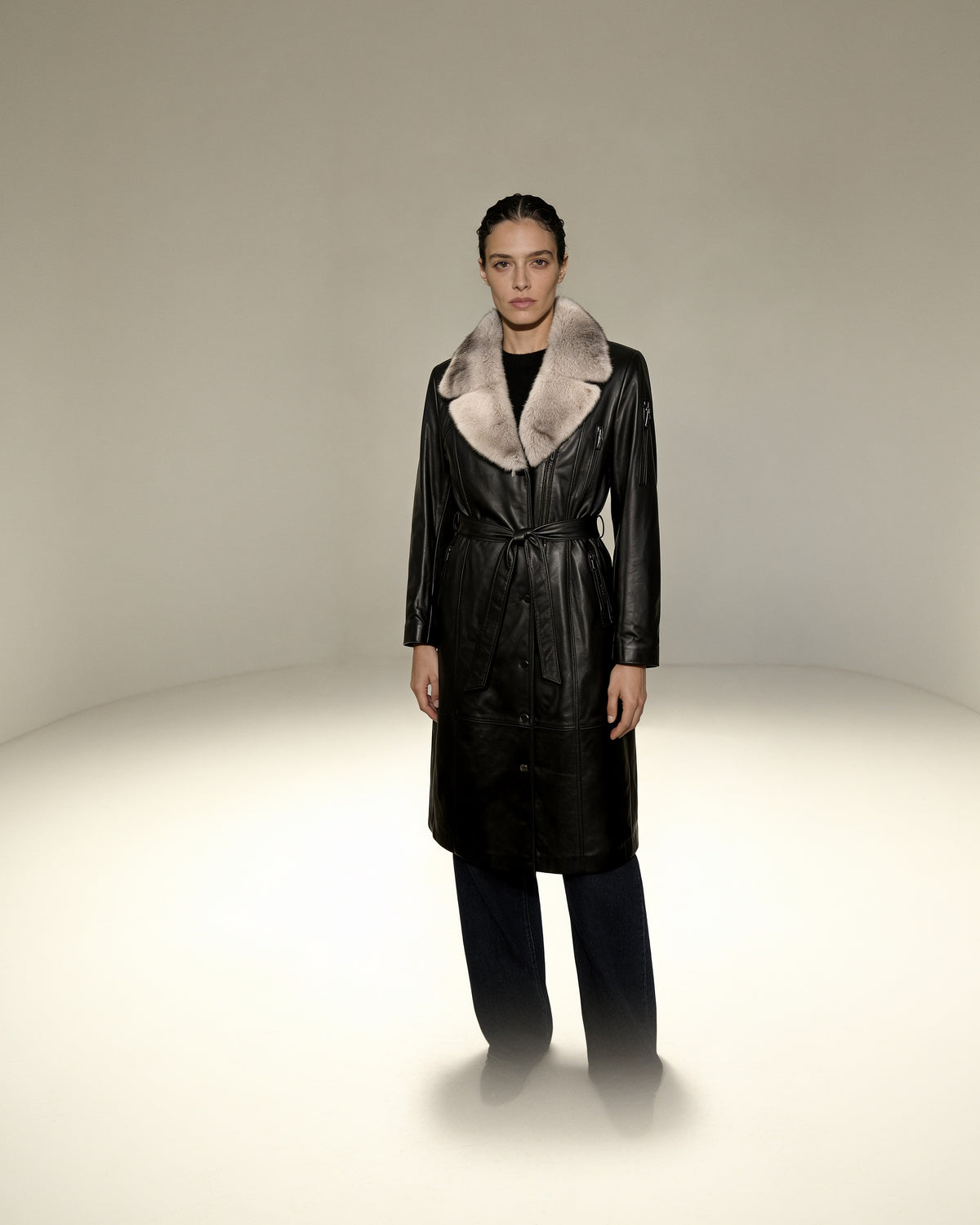 Onice Fur-Shawl Coat — worn by a model, front view, studio