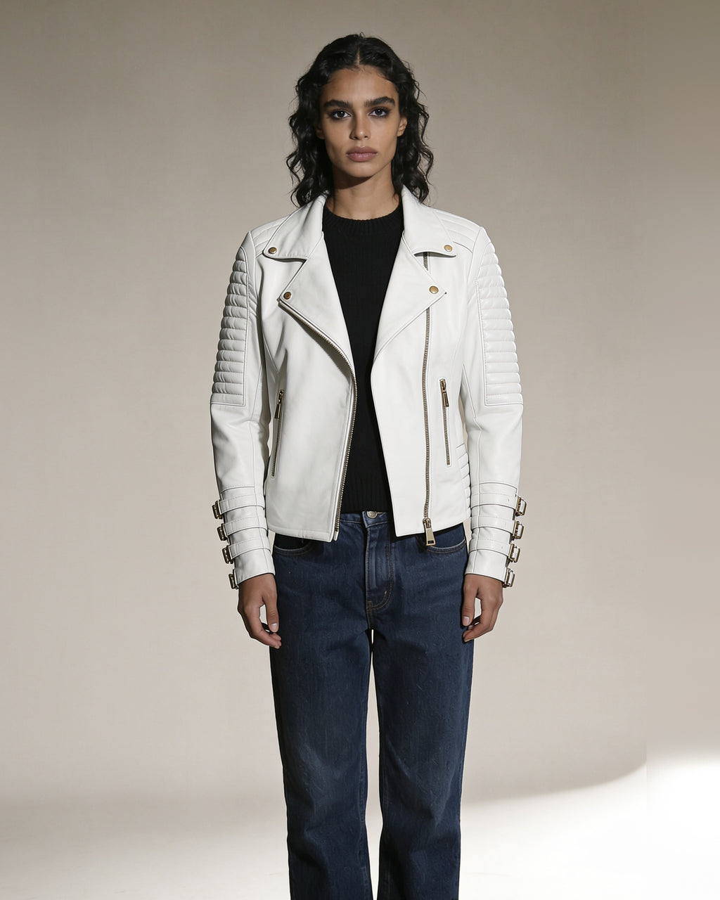 Perla Biker — worn by a model, front view, studio