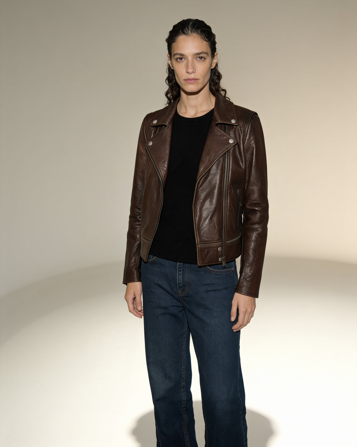 Pietra Biker — worn by a model, front view, studio