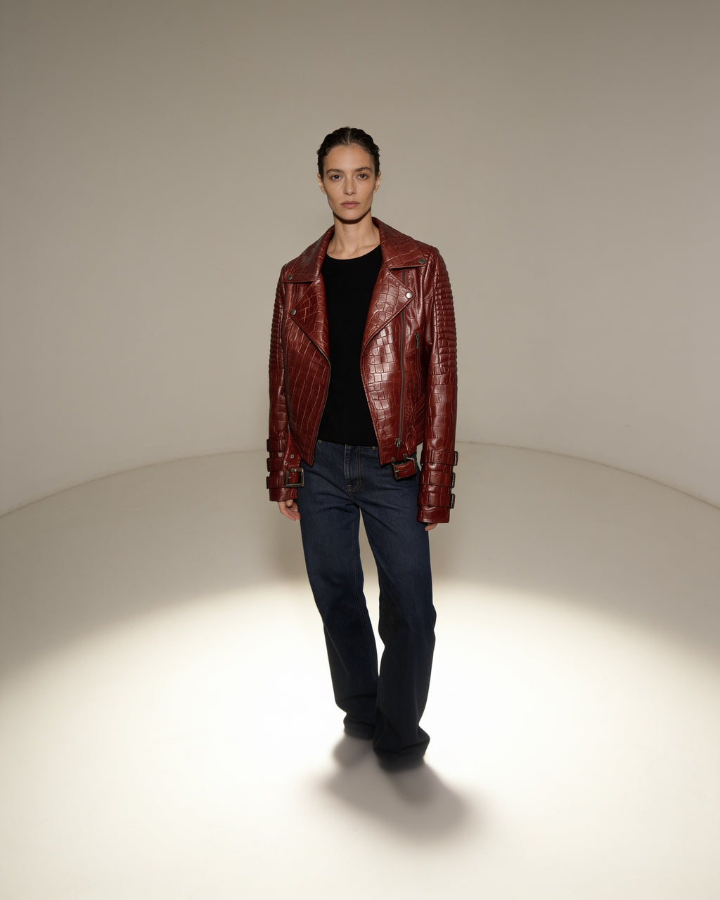 Rubino Croc Moto — worn by a model, front view, studio
