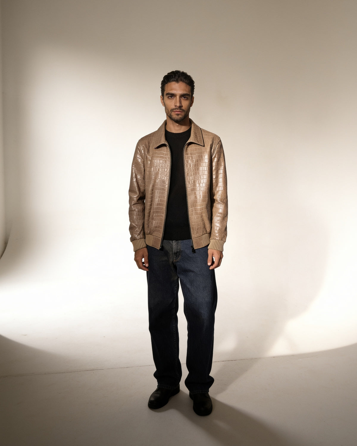 Sabbia Croco Bomber — worn by a model, front view, studio