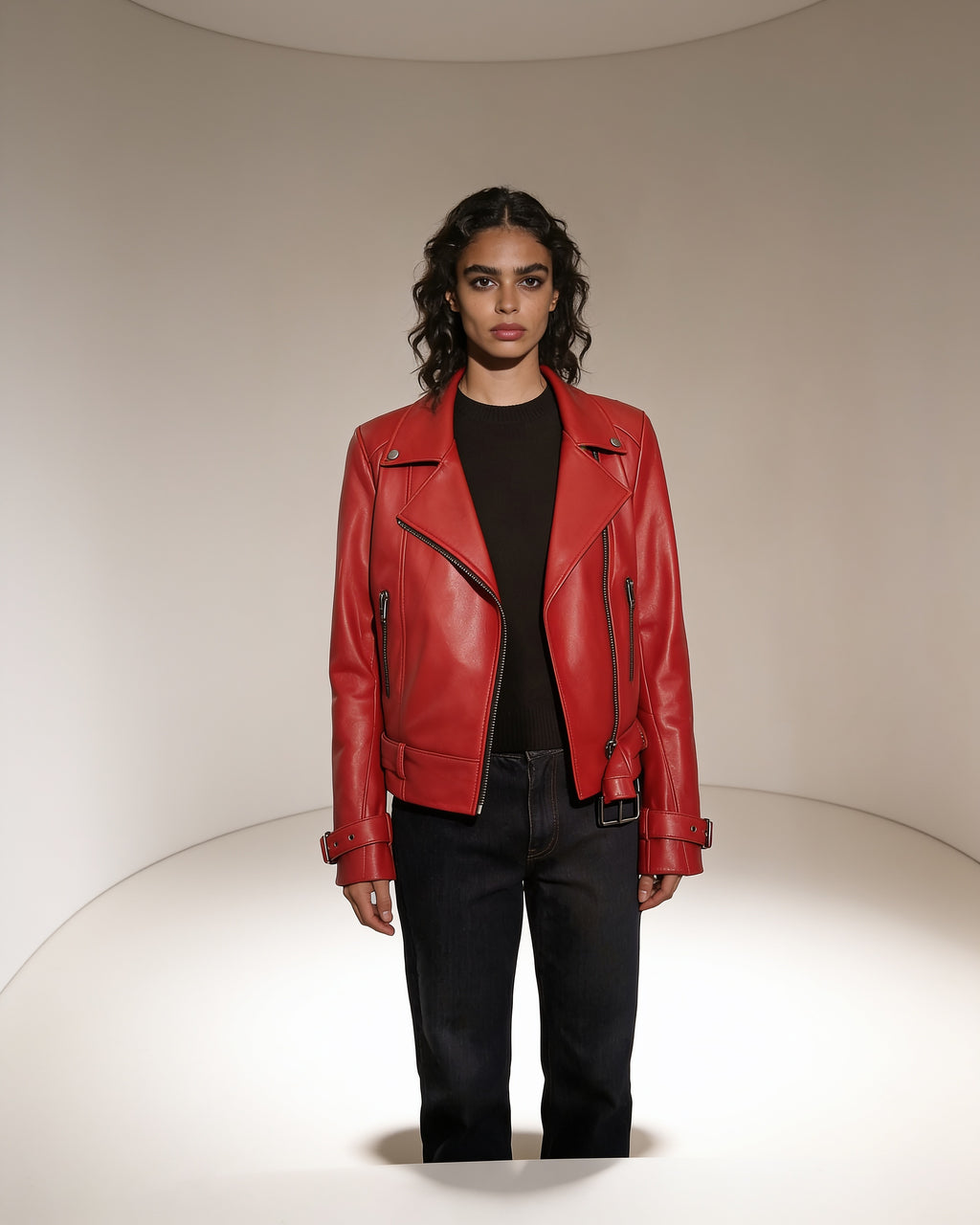 Scarlatta Moto — worn by a model, front view, studio