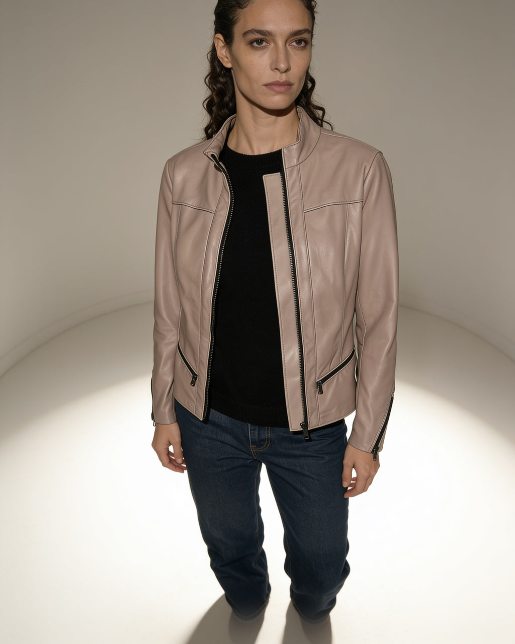 Tortora Moto — worn by a model, front view, studio