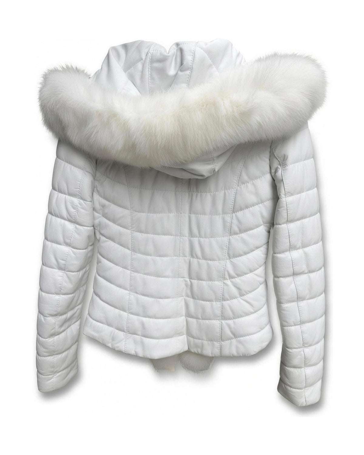 Ghiaccio Puffer — back view, quilted white leather with fox-fur hood