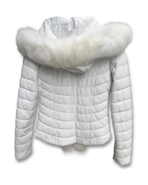 Ghiaccio Puffer — back view, quilted white leather with fox-fur hood