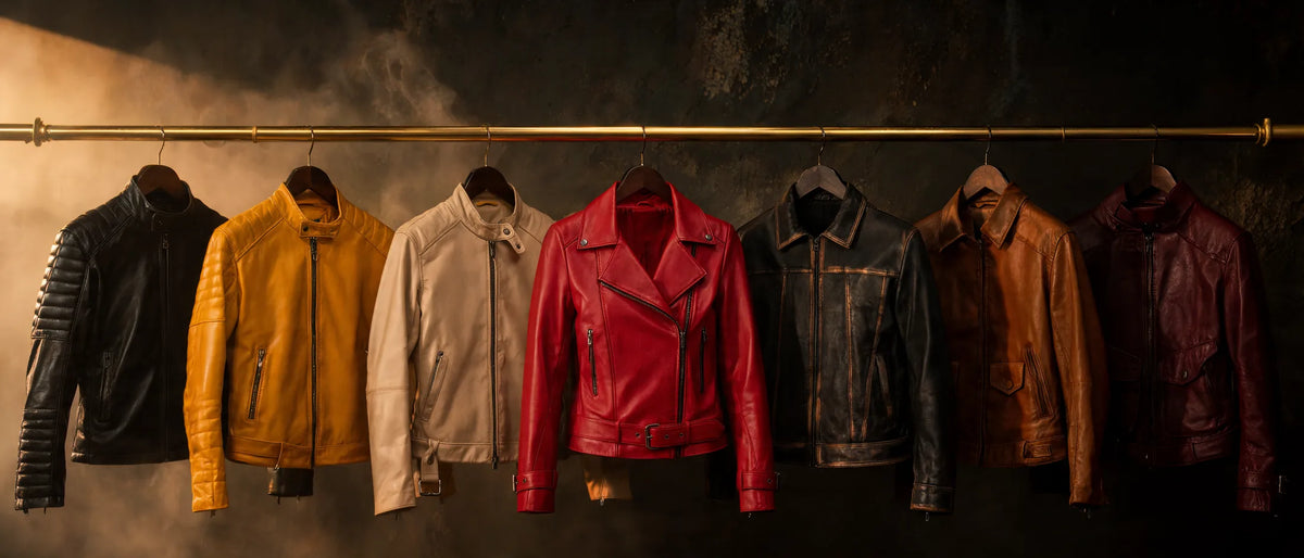 Seven leather jackets on a brass rail, lit from the side