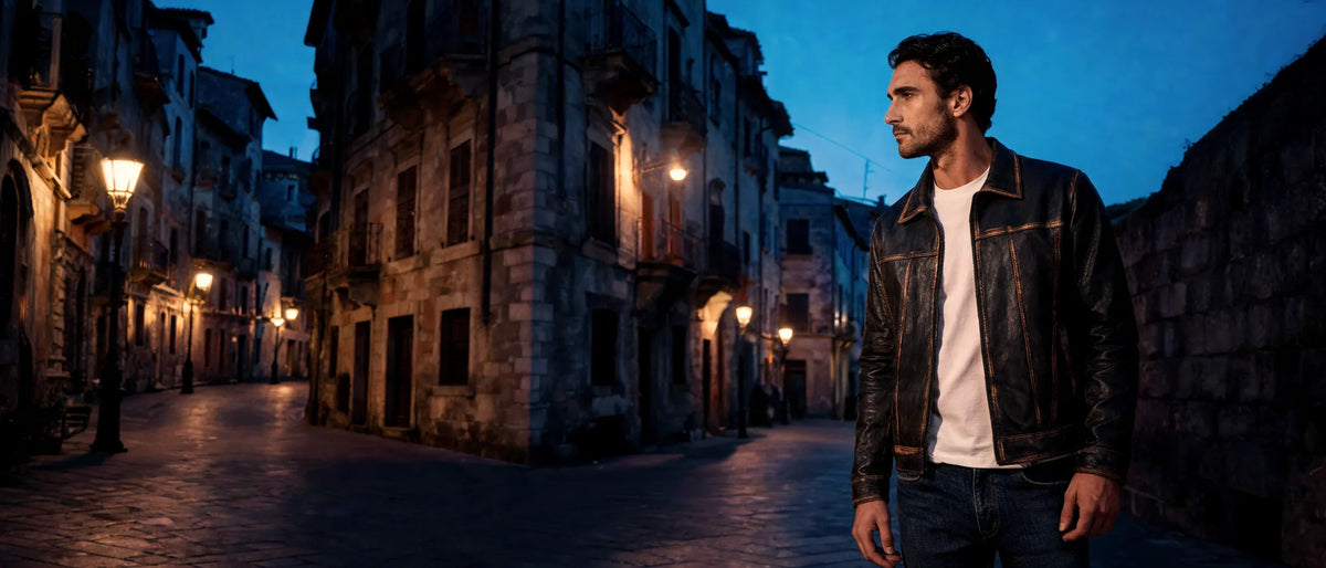 A man in a worn leather jacket on an old-town street at dusk