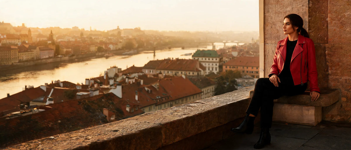 A woman in a red leather biker on a terrace above the rooftops at sunset