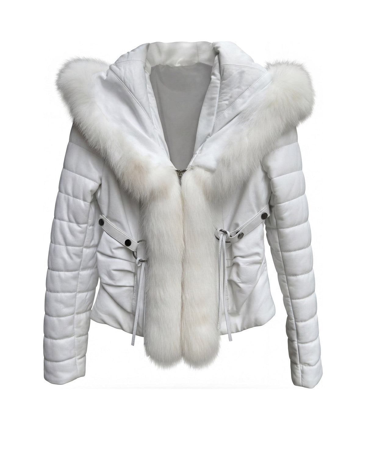 A white quilted leather puffer jacket with a fur-trimmed hood, front view on a plain background