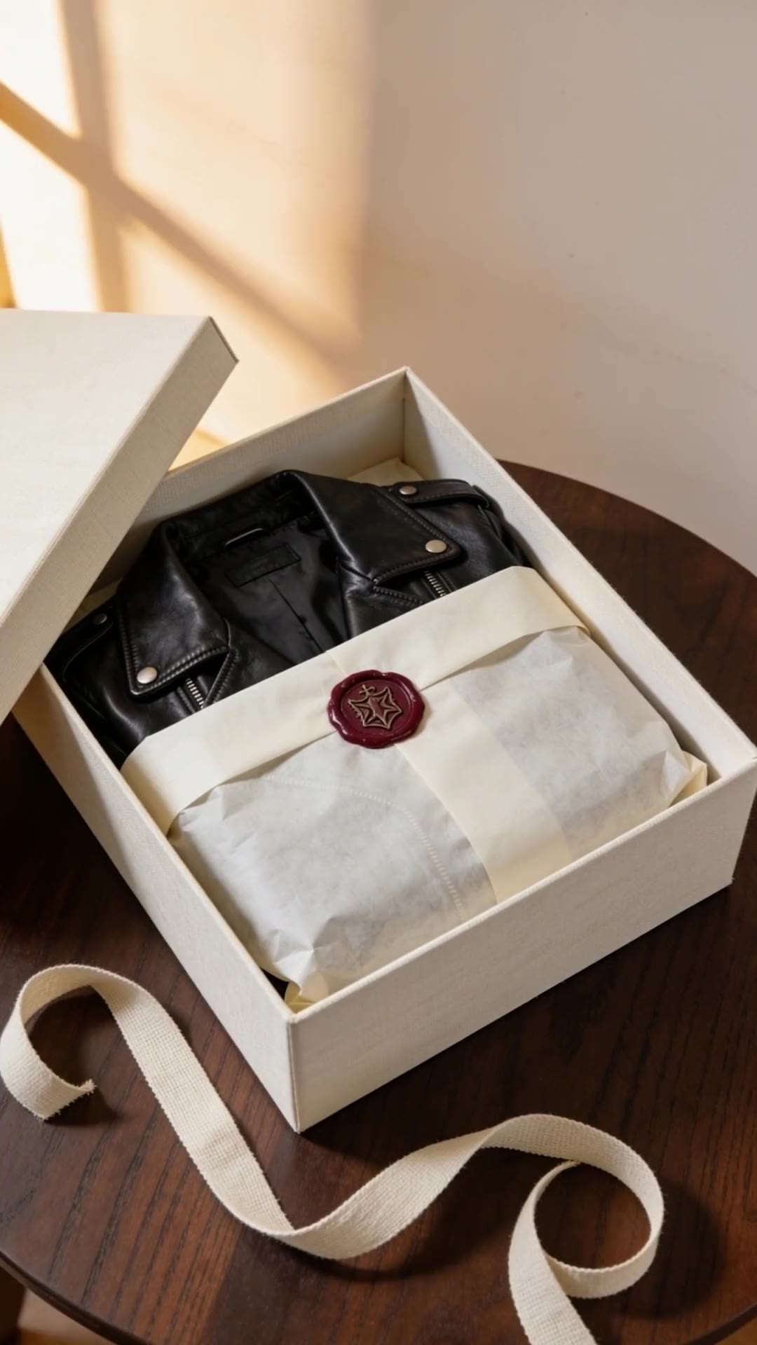 A leather jacket in tissue paper, in an open box