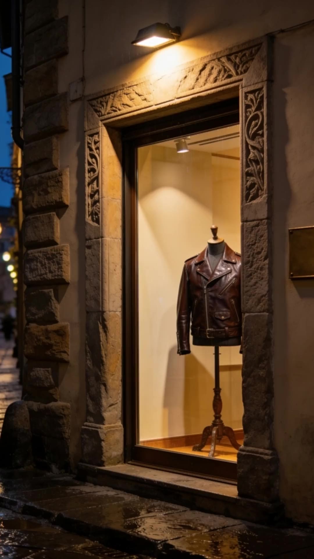 A leather jacket on a mannequin in a lit shop window at night