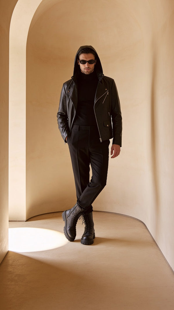 Corvo Hooded Biker on the model